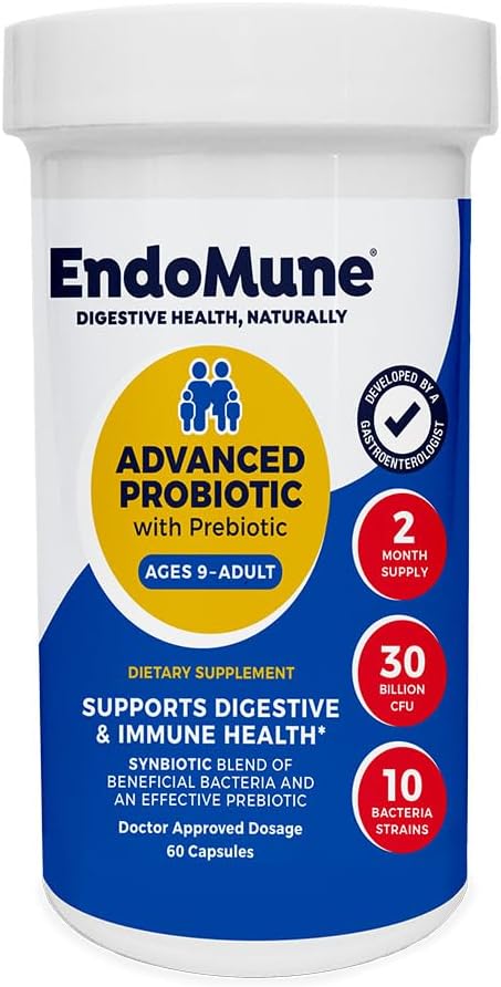 Endomune Advanced Adult Multi-Strain Probiotic Supplement with Prebiotic | 10 Strains, 30 Billion CFU | Physician Formulated (60-Count)