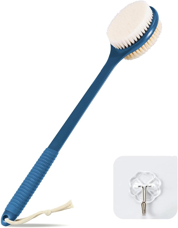 VANZAVANZU 17 Inch Back Scrubber for Shower, Anti-Slip Long Handle Shower Brush with Soft and Stiff Bristles, Exfoliating Bath Brush for Wet or Dry Brushing (Navy Blue)