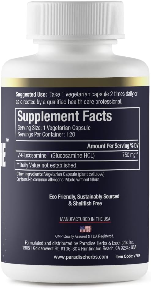 Paradise Herbs V-Glucosamine Supplement, Tissue & Joint Health, Super Potent, Ultra Pure, Vegan, Non GMO, Gluten Free, 120 Vegetarian Capsules