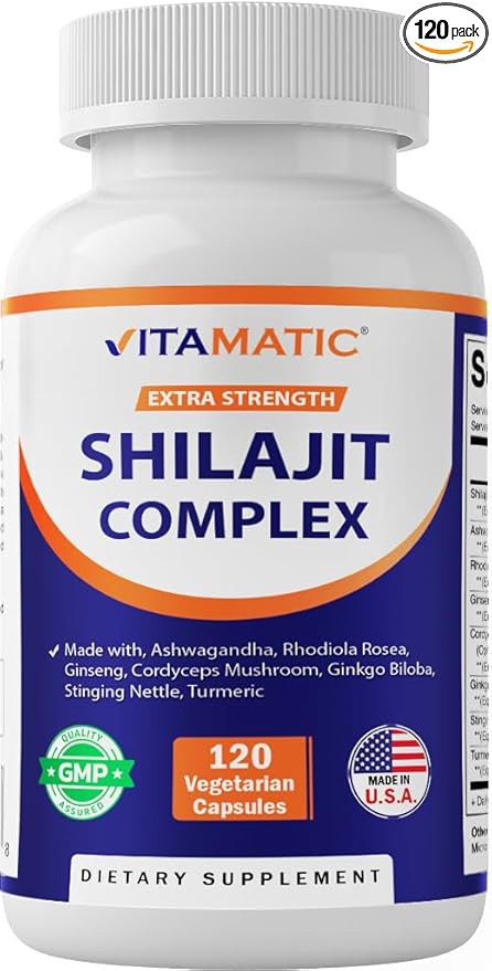 Vitamatic Shilajit Complex Capsules, Made with Ashwagandha, Rhodiola, Ginseng, Cordyceps, Ginkgo, Nettle, Turmeric - 120 Veggie Capsules - Extra Strength Shilajit Extract for Men & Women