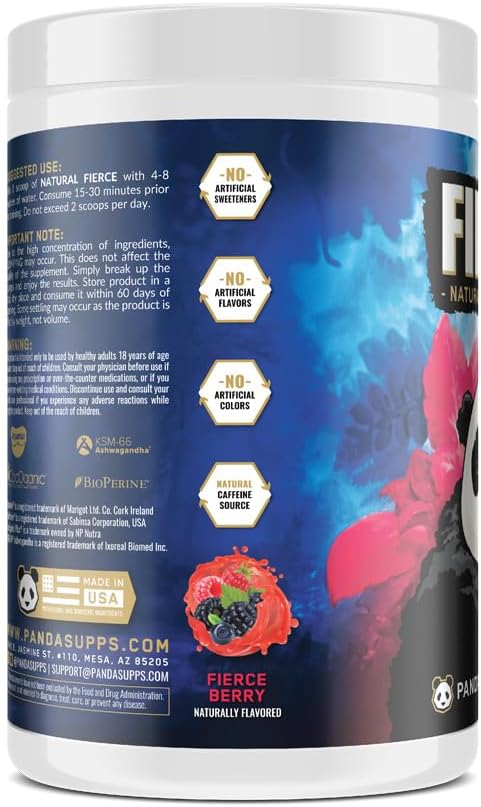 Panda Supps Fierce: Natural Pre-Workout with Zero Artificial Ingredients and 300mg Naturally Sourced Caffeine for Clean Energy and Focus (30 Servings)(Fierce Berry)