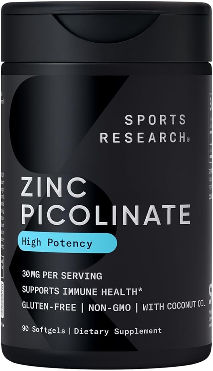 Sports Research® Zinc Picolinate 30mg with Organic Coconut Oil - Zinc Supplement for Healthy Immune & Enzyme Function - Non-GMO Tested & Gluten-Free - 90 Liquid Softgels