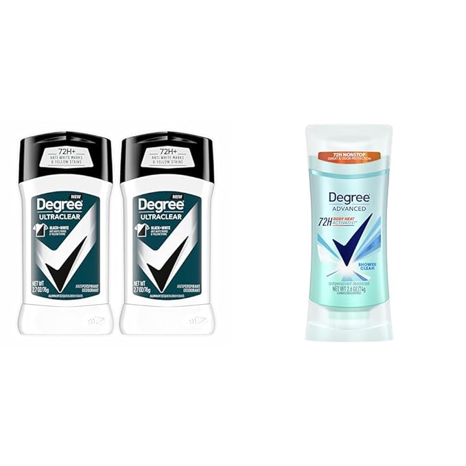 Degree Men and Women Antiperspirant Deodorant Bundle with 72-Hour Sweat & Odor Protection, MotionSense and Body Heat Activated Technologies, Black+White 2 Count 2.7 oz and Shower Clean 2.6 oz