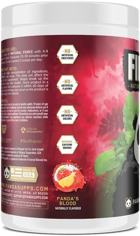 Panda Supps Fierce: Natural Pre-Workout with Zero Artificial Ingredients and 300mg Naturally Sourced Caffeine for Clean Energy and Focus (30 Servings)(Panda's Blood)