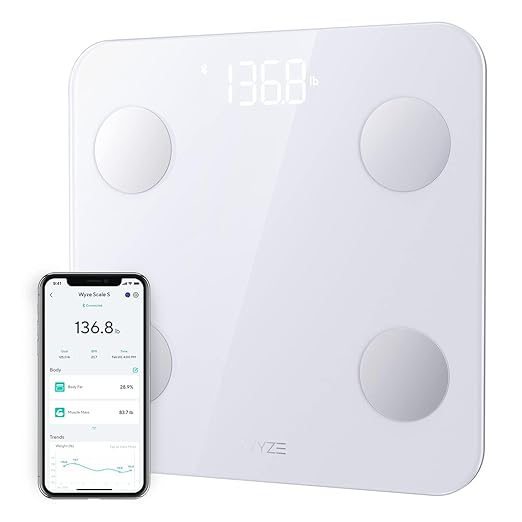 Wyze Scale S, Scale for Body Weight, Digital Bathroom Scale for Body Fat, BMI, Muscle, Heart Rate, Body Composition Analyzer with App, Batteries Included, Bluetooth, 400 lb, White