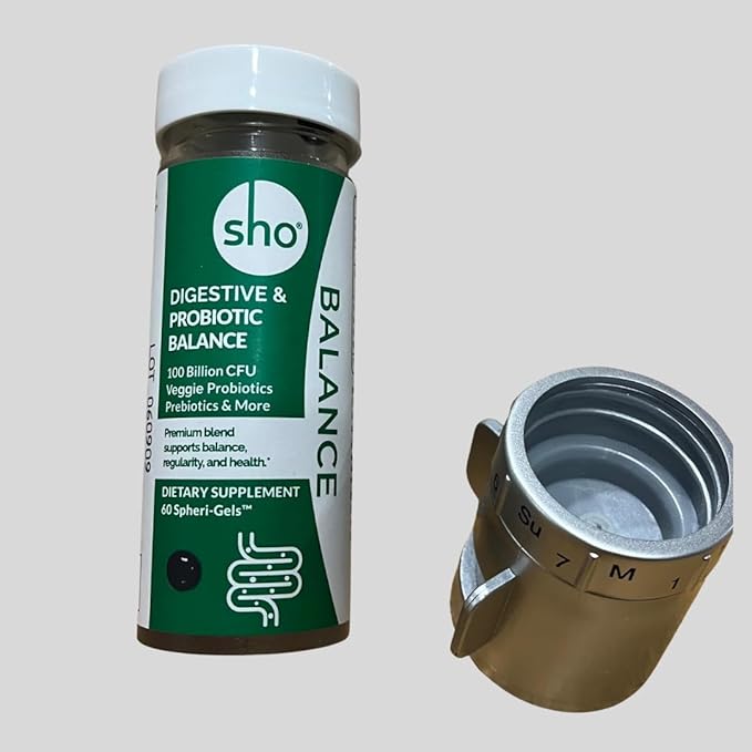 SHO Balance 100 Billion CFU Prebiotics & Probiotics for Digestive Health, Gut Health Vegan Supplement for Women & Men, Lactobacillus Casei, Shelf Stable 60 Softgels with Dispenser