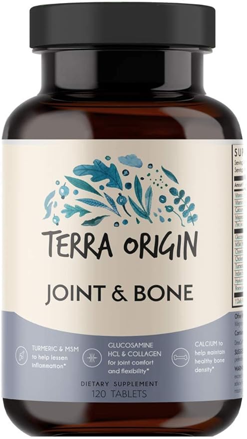 TERRA ORIGIN Joint and Bone Health | 120 Tablets | with Calcum D3, Glucosamine, hyaluronic Acid, Collagen, Tumeric and Boron | Flexibility and Mobility | Joint Supplement for Women and Men