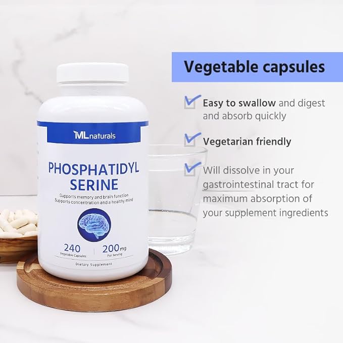 ML Naturals Phosphatidyl Serine 200 mg (Standard) 240 Vegetable Capsules. Supports Memory & Brain Function, Non-GMO, NSF-Certified & cGMP-Compliant