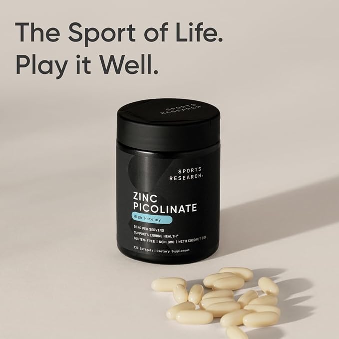 Sports Research® Zinc Picolinate 50mg with Organic Coconut Oil - High Potency Zinc Supplement for Healthy Immune & Enzyme Function - Non-GMO Tested & Gluten-Free - 120 Liquid Softgels