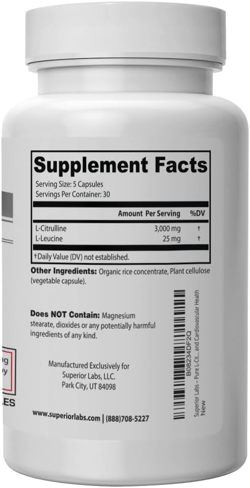 Superior Labs L-Citrulline 3000 mg, Non-GMO, High-Potency Free-Form Amino Acid, Nitric Oxide & Vasodilation Booster, Pre-Workout Muscle Pump, Endurance, Cardiovascular Support, 150 Veg Caps