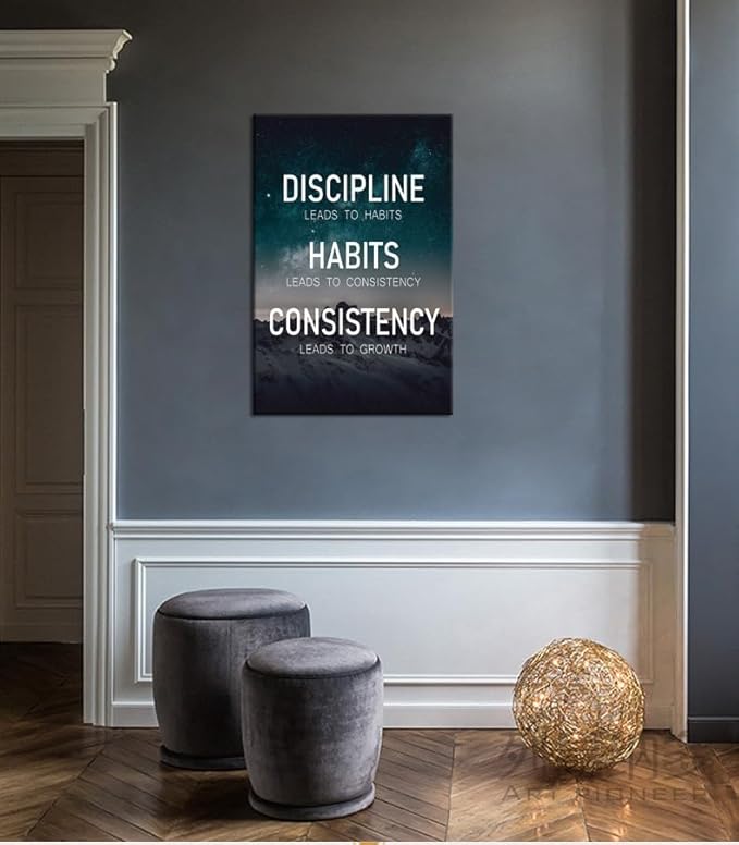 Discipline Habits Motivational Poster Consistency Growth Inspirational Wall Art Canvas Prints Artwork for Office Modern Home Decor Painting Pictures Stretched and Framed Ready to Hang [24''Wx 36''H]