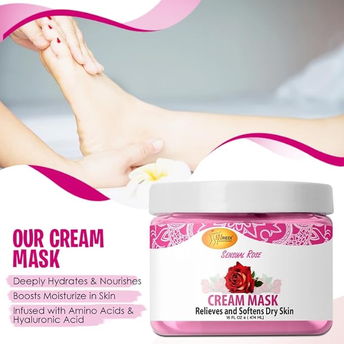 SPA REDI - Body and Foot Cream Mask, Sensual Rose, 16 Oz - Pedicure Massage for Tired Feet and Body, Hydrating, Fresh Skin - Infused with Hyaluronic Acid, Amino Acids, Panthenol, Comfrey Extract