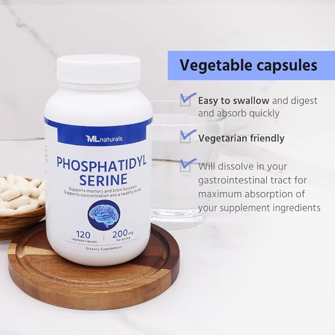 ML Naturals Phosphatidyl Serine 200 mg (Standard) 120 Vegetable Capsules. Supports Memory & Brain Function, Non-GMO, NSF-Certified & cGMP-Compliant