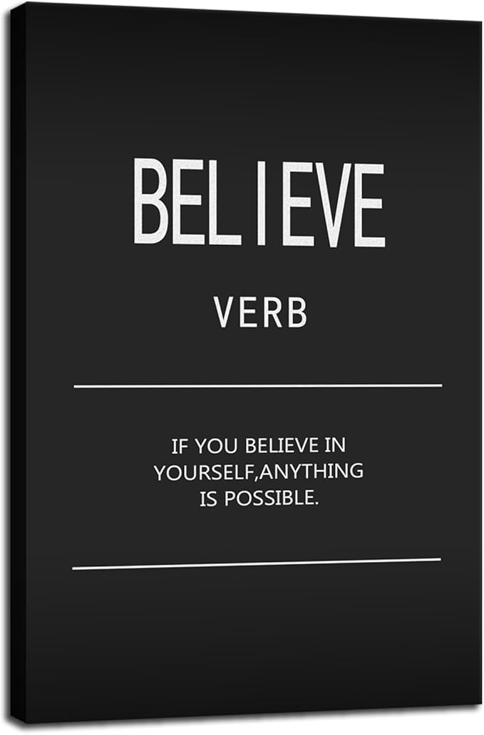 WYJDFART Inspirational Wall Art Office Decor Believe Verb Motivational Positive Posters Printed Modern Home Decor Canvas Painting Artwork Living Room Stretched and Framed Ready to Hang[12" W X 18" H]