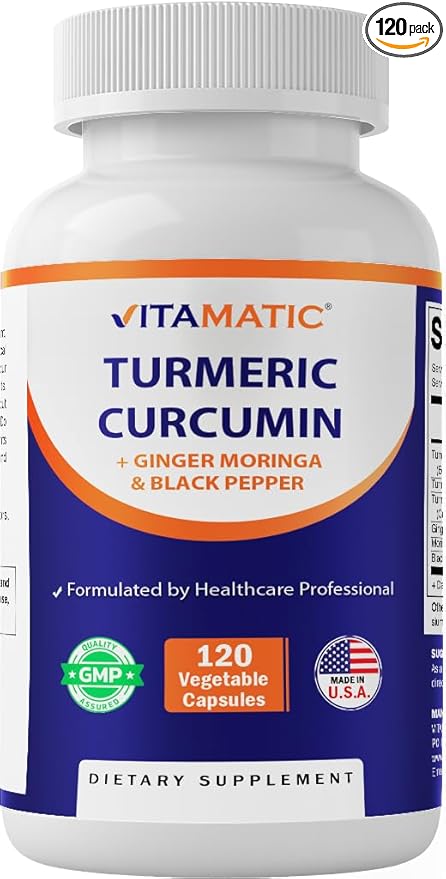 Vitamatic Turmeric Curcumin Supplement (10:1 Equivalent 3000 mg Per Serving, Made with 95% Curcuminoids, Black Pepper, Ginger, Moringa) 120 Vegetable Capsules, Non-GMO, Gluten Free (120 Capsules)