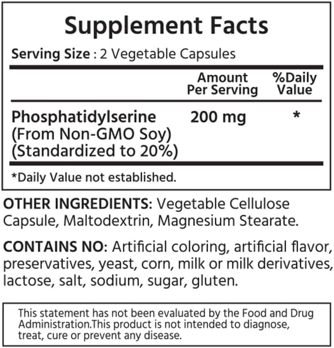 ML Naturals Phosphatidyl Serine 200 mg (Standard) 120 Vegetable Capsules. Supports Memory & Brain Function, Non-GMO, NSF-Certified & cGMP-Compliant