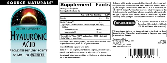 Source Naturals Hyaluronic Acid, Promotes Healthy Joints*, 50mg - 60 Capsules