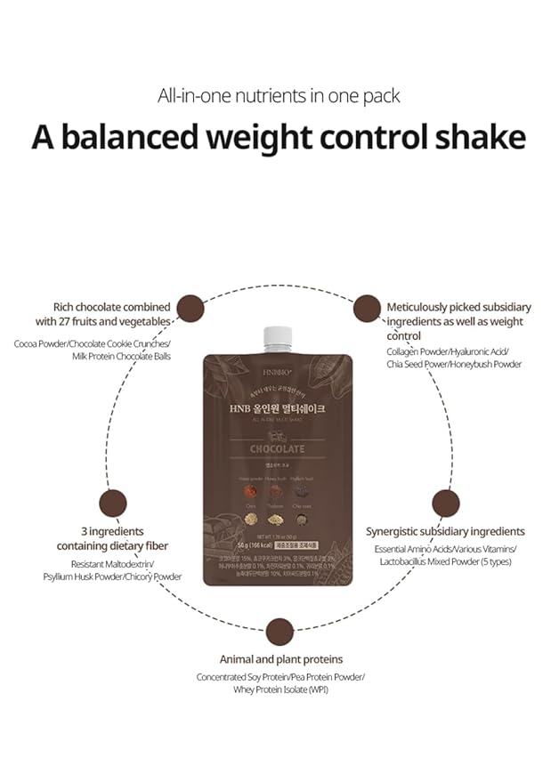 Korean Food All-In-One Multi Shake Chocolate(50g*7 Packs) Dietary Fiber, Essential Amino Acids, Vitamins, 7-Day Convenient Individual Packs (12.35 oz)