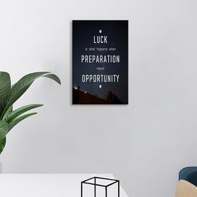 Motivational Wall Decor "Luck Is Preparation Meets Opportunity"Positive Quote Inspirational Wall Art for Bedroom Home Office Decor Gym Framed Printed Canvas Poster Ready to Hang [12" W X 18" H]