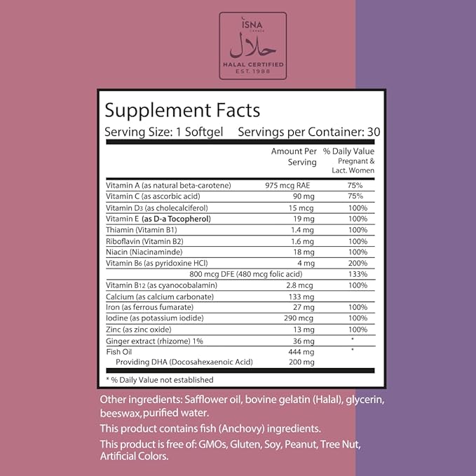 Noor Vitamins Halal Prenatal Vitamins with DHA and Folic Acid, Essential Vitamins, Ginger to Soothe Mom's Stomach, Iron, Softgels, Prenatal Vitamin Before/During/Post Pregnancy (1 Month Supply)