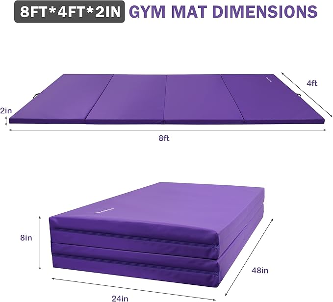 Folding Exercise Gymnastics Mat 4'x8'x2" Gym Workout Mat with Carrying Handles High-Density Anti-Tear Portable Fitness Aerobics Mats for Home Gym Yoga Pilates Tumbling MMA Core Training, Multiple Colors