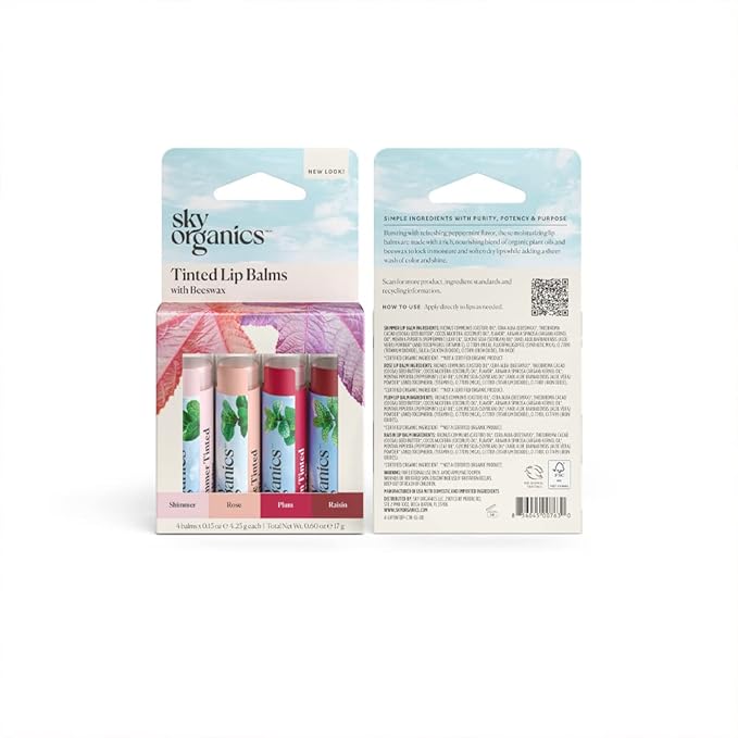 Sky Organics Tinted Lip Balms with Beeswax and a Rich Nourishing Blend of Plant Oils, Moisturizing Lip Balm to Lock In Moisture and Add A Sheer Wash Of Color & Shine, Four Assorted Flavors, 4pk.