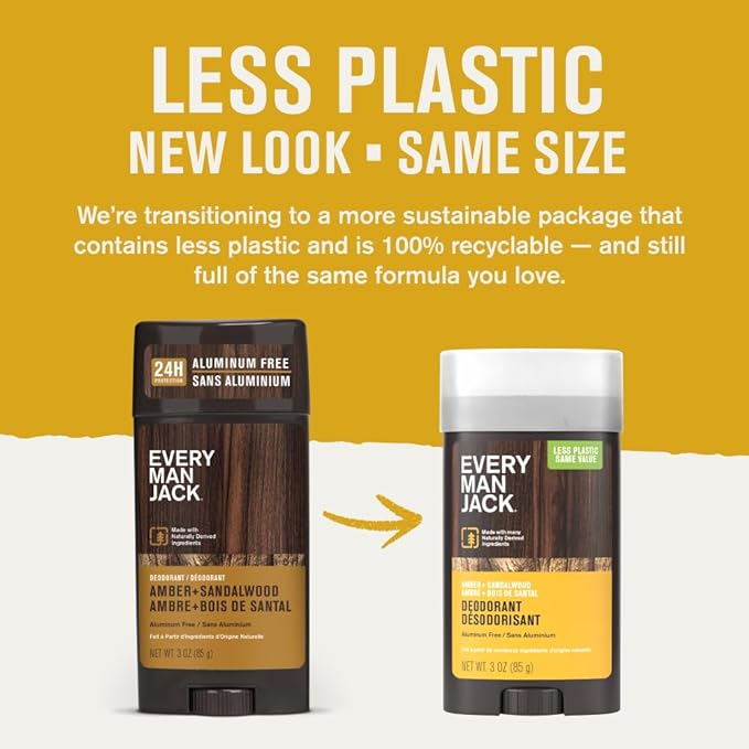 Every Man Jack Amber + Sandalwood Men’s Deodorant - Stay Fresh with Aluminum Free Deodorant For all Skin Types - Odor Crushing, Long Lasting, with Naturally Derived Ingredients - 3oz (2 Pack)
