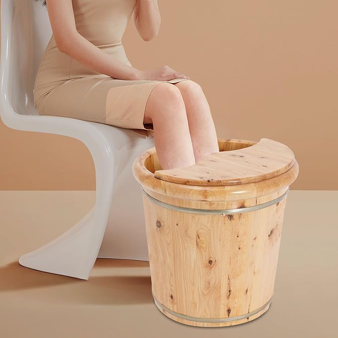 Eapmic Wooden Foot Bath Bucket with Lid, Feet Massage Barrel, Solid Wood Round Foot Soak Tub, Home Sauna Feet Basin, Pedicure Barrel for Spa, Massage, Sauna (D)