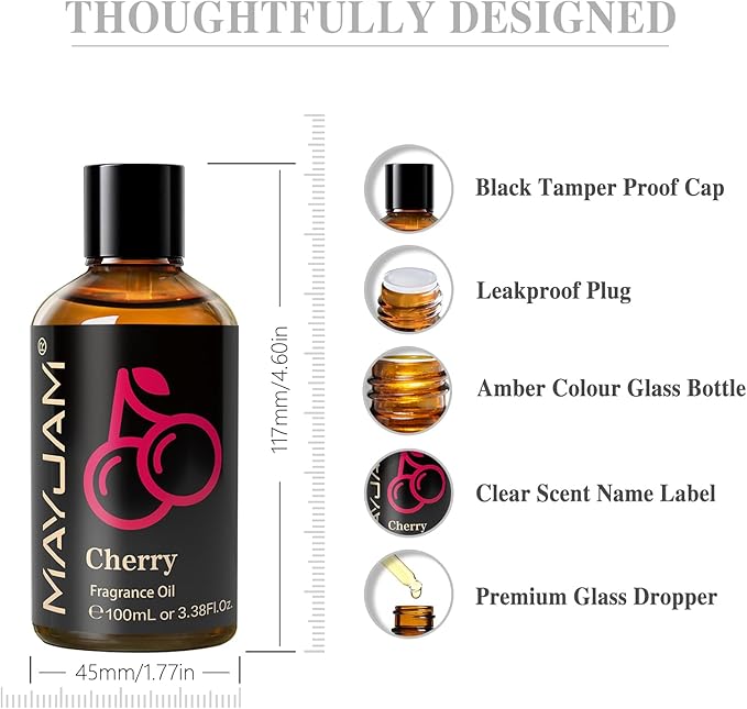 100ML/3.38FL.OZ Cherry Fragrance Oils with Glass Dropper, Essential Oils for Diffusers for Home, Long Lasting Scented Oils for Diffusers Soap Candle Making