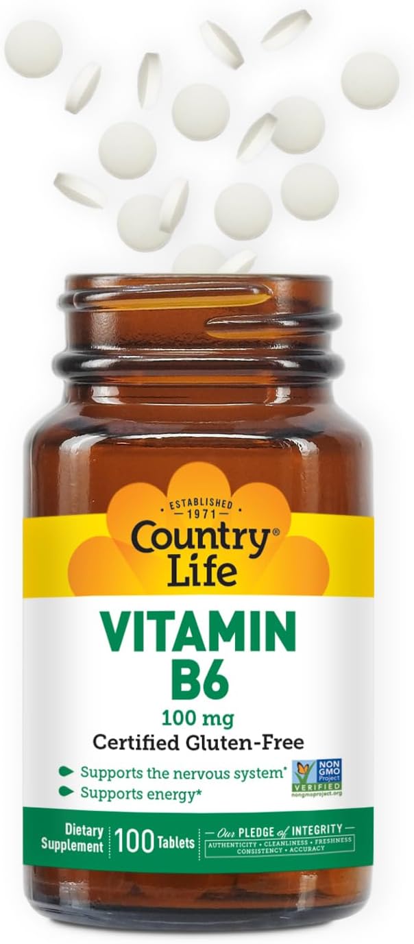 Country Life Vitamin B-6, Supports Energy and The Nervous System, 100mg, 100 Vegan Capsules, Certified Gluten Free, Certified Vegan, Certified Halal, Non-GMO Verified…