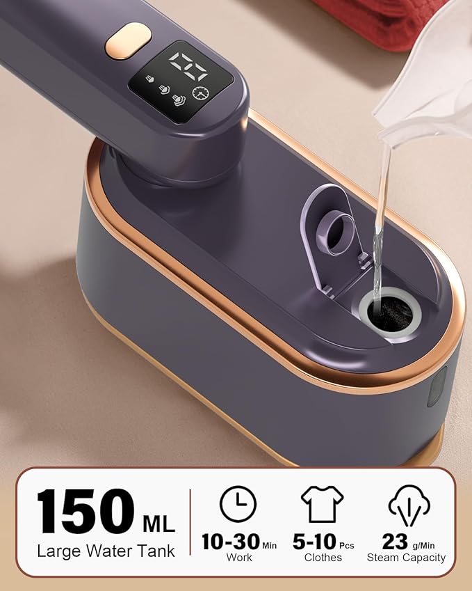 Travel Steamer Iron for Clothes - 1200W Handheld Size Portable Travel Steamer, 3 Steam Levels Clothes Steamer with LCD Screen, 10S Fast Heat-up Steamer for Dress Shirt Home Travel (Gray Purple)