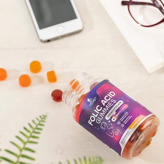 Folic Acid Gummies for Women 785 mcg, Essential Prenatal Vitamins for Mom & Baby, Vegan Folic Supplement Gummy, Daily Vitamin B9 Extra Strength Folate, Before During After Pregnancy - 60 Gummies