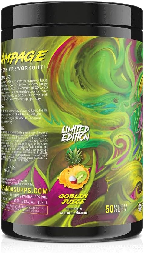 Underground Bio Labs™ Panda Supps: Rampage, Extreme Pre-Workout, High Stim, Maximum Pump, Focus, and Energy,(50 Servings) (Kiwi-Lychee-Pinapple Flavor AKA Goblin Juice)