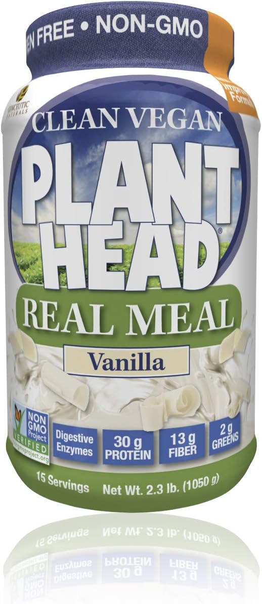 Plant Head Real Meal Organic Plant Based Protein Powder, Vanilla - Vegan, Low Net Carbs, Non Dairy, Gluten Free, Lactose Free, No Sugar Added, 2.3 Pound