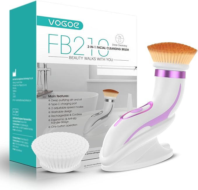 Facial Cleansing Brush-Spin Face Scrubber Exfoliator Rechargeable, 2-Speed Rotation, Electric Face Wash Brushes for Cleansing and Exfoliating, with 2 Brush Heads, Purple
