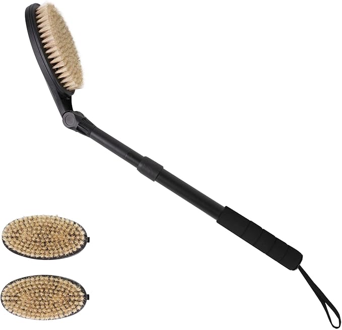 EASACE 3.0 Back Scrubber Brush for Shower, Soft and Stiff Bristles, Adjustable Head, Long Handle, Replacement Brush Head