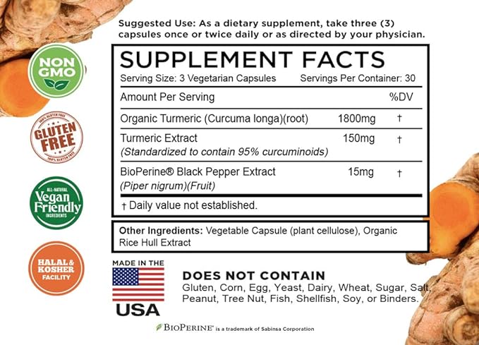 Turmeric Curcumin with BioPerine Black Pepper & 95% Curcuminoids, 1965mg, Maximum Absorption for Joint Support, Non-GMO Turmeric Capsules, Made in USA - 90 Veg Caps