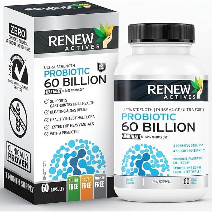 Renew Actives Probiotic Supplement for Digestive Health 60 Billion CFU per 2 Capsules - Advanced Formula with Prebiotic Benefits - Supports Gut Flora Balance & Wellness - Made in Canada - 60 Capsules