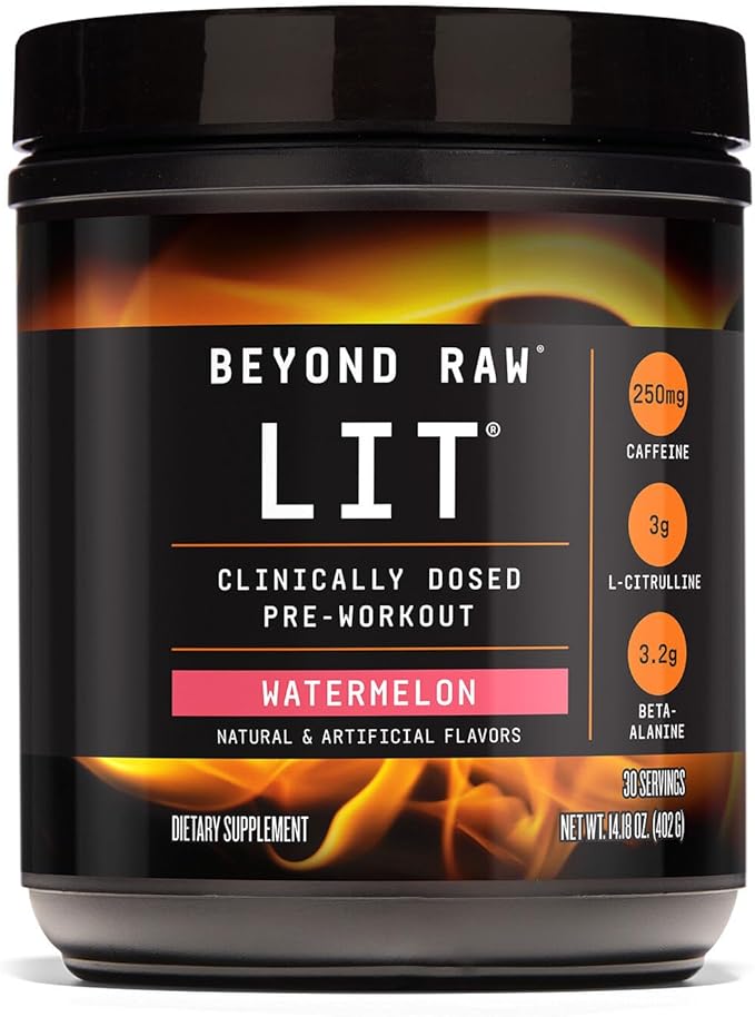 BEYOND RAW LIT Pre Workout Powder Supplement for Men and Women, Energy, Focus, Endurance, Pumps, Nitric Oxide Boost, 250mg Caffeine, Creatine, Beta Alanine, Watermelon, 30 Servings