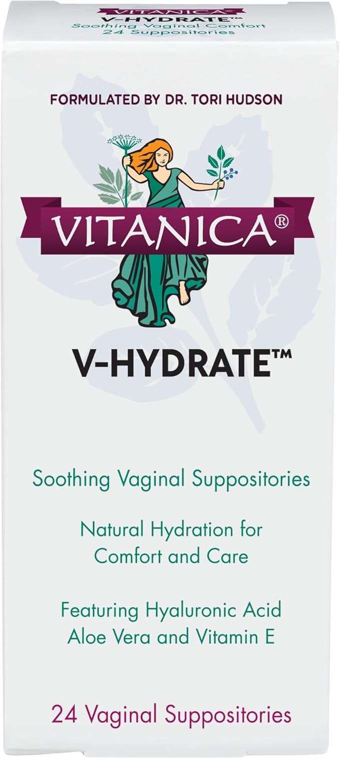 Vitanica V-Hydrate, Hyaluronic Acid Vaginal Suppositories for Comfort and Vaginal Hydration with Aloe Vera and Vitamin E, Hormone-Free & Drug-Free, Vegan, 2 Month Supply, 24 Count