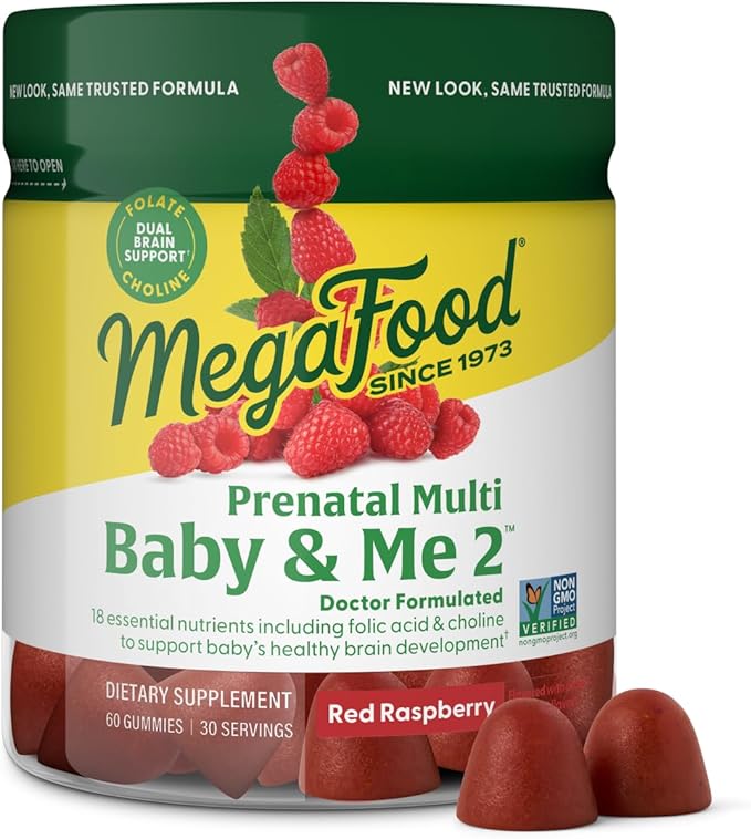 MegaFood Baby & Me 2 Prenatal Vitamins for Women Gummies with Folic Acid and Choline for Baby’s Brain Development; Plus Real Fruit- Red Raspberry Flavor - 60 Gummies (30 Servings)