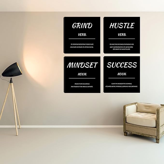 Motivational Office Wall Decor Inspirational Mindset Canvas Wall Art 4 Pieces Hustle Posters Prints Success Wall Paintings Picture Artwork Home Bedroom Living Room Decorations 20"x20"x4pcs