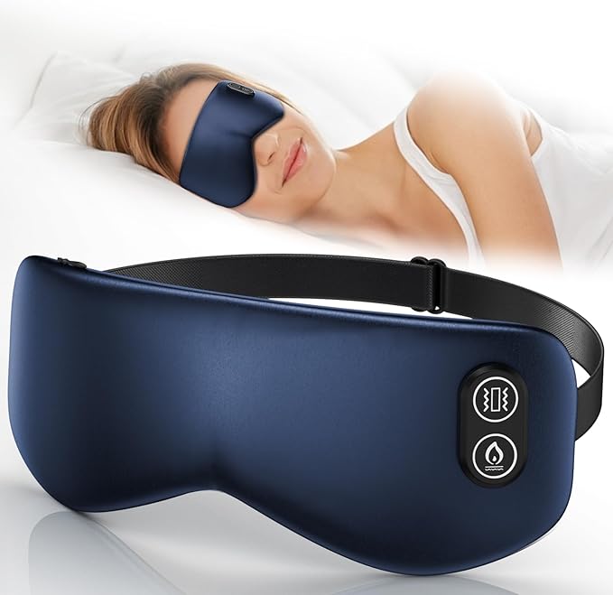 Heated Eye Mask with Massager, Cordless Silk Heating Eye Mask for Dry Eyes, Electric Warm Eye Compress for Sleep, Stye, Eyestrain, Washable Eye Heating Pad for Travel, Office, Home, Rechargeable, Blue