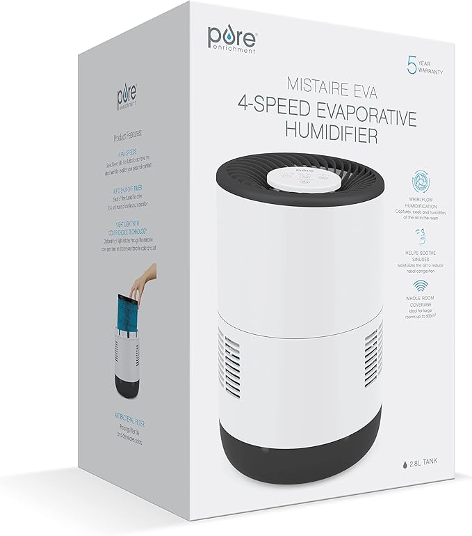 Pure Enrichment MistAire Eva - Mist-Free Evaporative Humidifier (2.8L) with Antibacterial Filter, 4-Speeds, Large Room Coverage up to 500 sq. ft., and Auto Shut-Off Timer