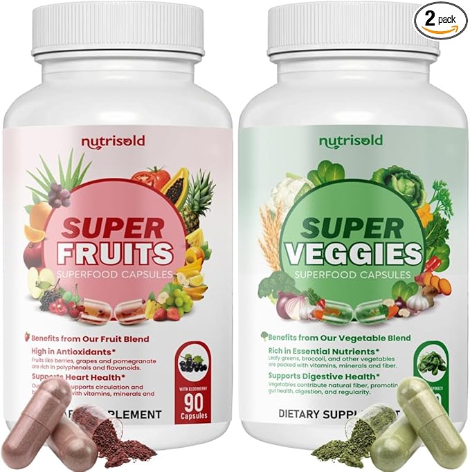 Fruits & Veggies Supplement – Packed with 30+ Whole Food Superfoods – Supports Energy, Immune & Digestion – 180 Capsules – Soy-Free, Non-GMO