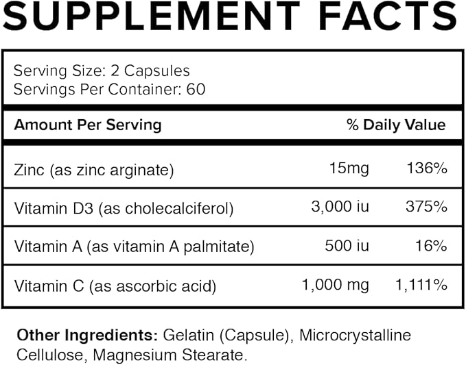 Immune Up High-Absorption Vitamin C, D3, A + Zinc | Immune Support | Improve Cellular Health | Microbial Defense | 120 Capsules (60 Day Supply)