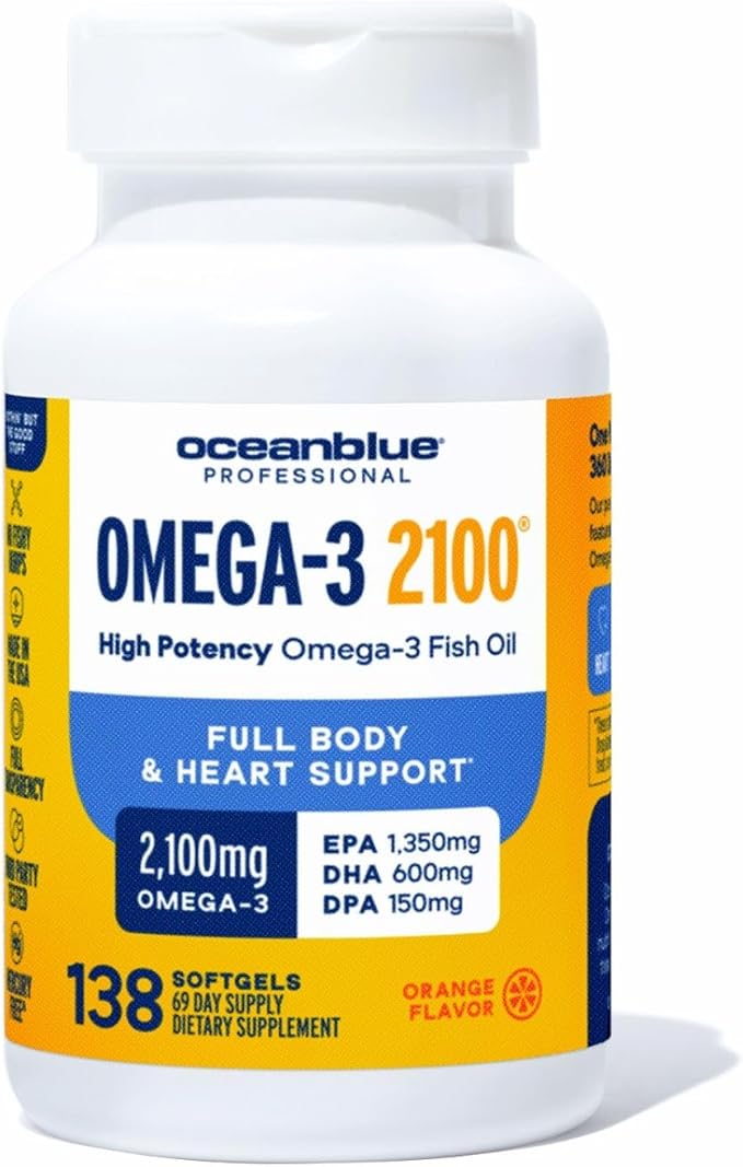 Oceanblue Professional Triple Strength Omega DPA Fish Oil Supplements 2100mg, High Potency EPA DHA DPA, Wild Caught, Burpless, 69 Servings (138 Count Natural Orange Flavor)