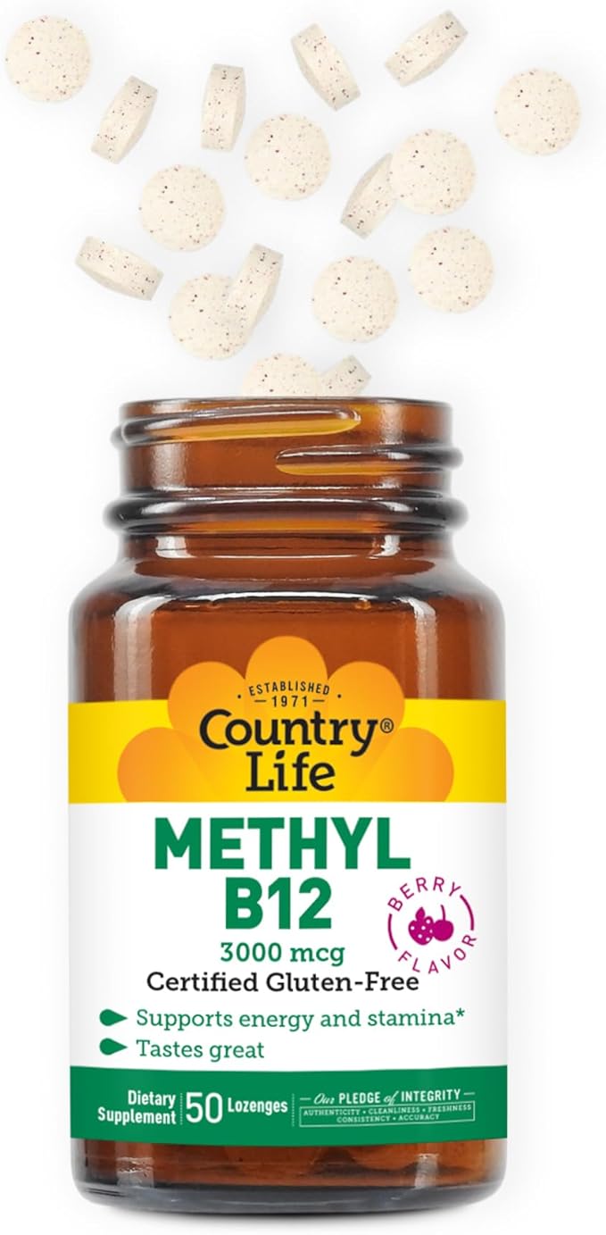 Country Life Methyl B-12 3000 mcg Lozenges, Vegan, Methylcobalamin for Energy and, Easily Absorbed, B12 Vitamin, Supports Energy Levels, Stamina & Metabolism, 50 Count