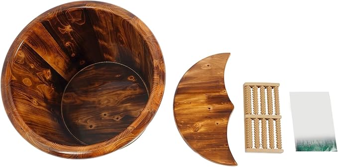 Wooden Foot Bath Bucket Foot Soaking Bath Basin with Lid Wood Footbath Barrel with Massage Beads Plate Pedicure Barrel for Spa, Massage, Sauna 15.75 * 15.75in (Brown)