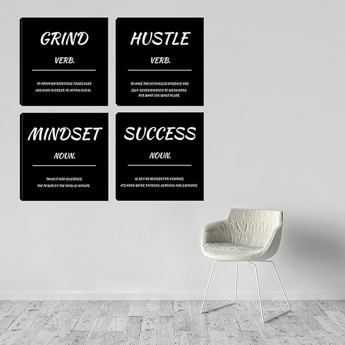 Motivational Office Wall Decor Inspirational Mindset Canvas Wall Art 4 Pieces Hustle Posters Prints Success Wall Paintings Picture Artwork Home Bedroom Living Room Decorations 20"x20"x4pcs